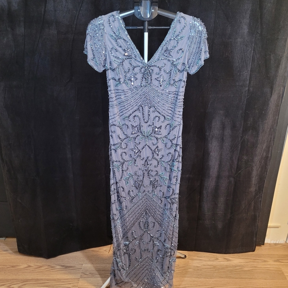 Elegant Gray Beaded Evening Dress - Picture 5 of 13
